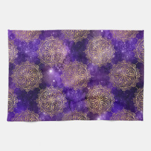 Goud & Paarse Galaxy Dharma Mandala Patroon Theedoek