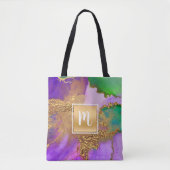 Goud paarse groene aqua marmer waterverf monogram draagtas (Voorkant)