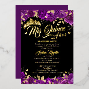 Goud Paarse Roos Mis Quince Quinceanera Folie Uitnodiging