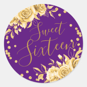 Goud Paarse Sweet 16 Verjaardag Bloemen Glitter Ronde Sticker