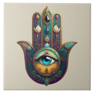 Goud Paarse Teal Hamsa met Turkoois Derde Oog Tegeltje