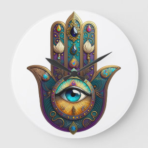Goud Paarse Teal Hamsa met Turquoise Derde Oog Grote Klok