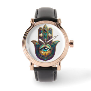 Goud Paarse Teal Hamsa met Turquoise Derde Oog Horloge