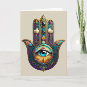 Goud Paarse Teal Hamsa met Turquoise Derde Oog Kaart