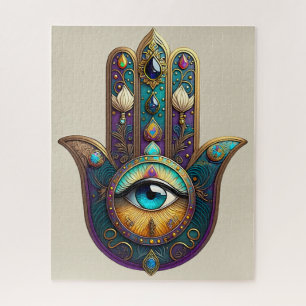 Goud Paarse Teal Hamsa met Turquoise Derde Oog Legpuzzel