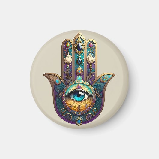 Goud Paarse Teal Hamsa met Turquoise Derde Oog Magneet (Voorkant)