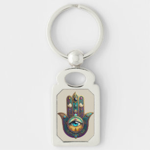 Goud Paarse Teal Hamsa met Turquoise Derde Oog Sleutelhanger