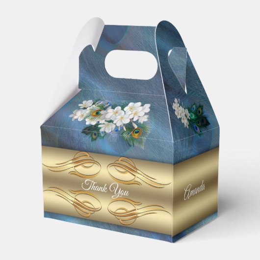 Goud, Peacock Feathers op Emerald Green Silk Bedankdoosjes (Achterkant)