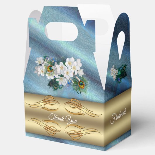 Goud, Peacock Feathers op Emerald Green Silk Bedankdoosjes (Geopend)