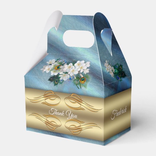 Goud, Peacock Feathers op Emerald Green Silk Bedankdoosjes (Voorkant Zijde)