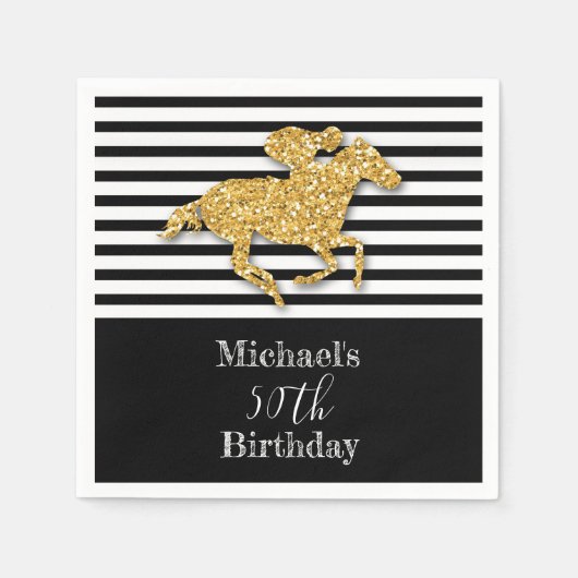 Goud Racehorse Zwart Wit Strepen Verjaardag Servet (Voorkant)