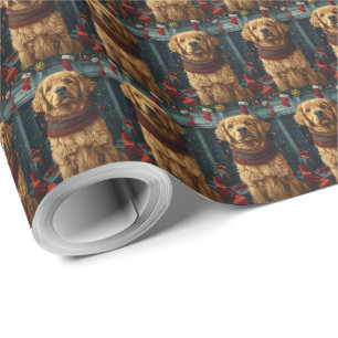 Goud Retriever Hond Met Kerstcadeau Haard Cadeaupapier