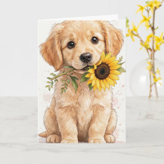 Goud retriever pup die een kaart met zonnebloem va