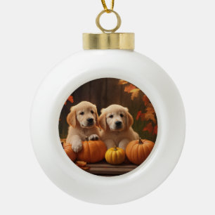 Goud Retriever Puppy Herfst Genot Pompoen Keramische Bal Ornament