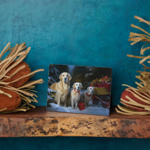 Goud Retriever Sneeuw Slede Kerst Decoratie Fotoplaat