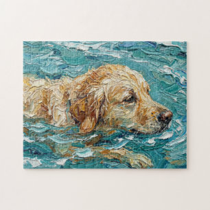 Goud Retriever Zwemt I Turquoise Blauwe Kleur Legpuzzel
