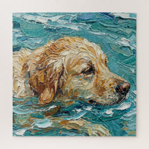 Goud Retriever Zwemt I Turquoise Blauwe Kleur Legpuzzel