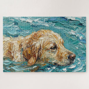 Goud Retriever Zwemt I Turquoise Blauwe Kleur Legpuzzel
