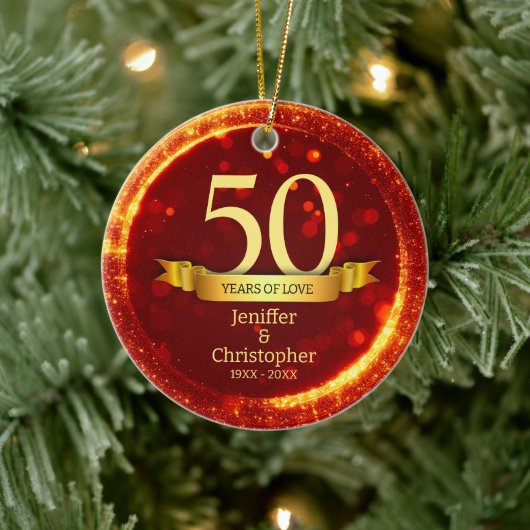 Goud & Rode Glitter Bewerk Jaar Bruiloft Jubileum Keramisch Ornament (Boom)