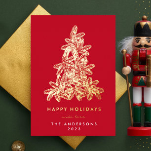 Goud & Rode Prettig Kerstmis Dennenboom Gelukkig Folie Feestdagenkaart