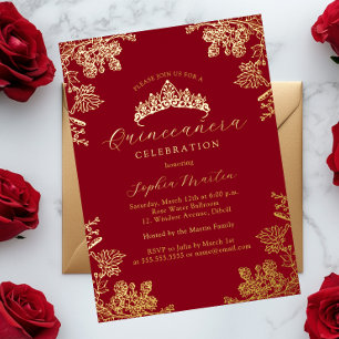 Goud Rode Vintage Bloem Quinceanera  Folie Uitnodiging