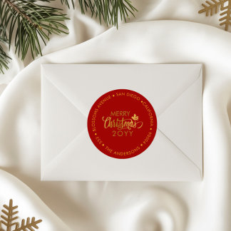 Goud & Rode Vrolijk Kerstmis Aangepast Retouradres Ronde Sticker