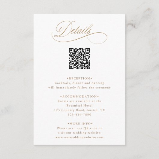 Goud Romantische Kalligrafie QR Code Bruiloft Deta Informatiekaartje (Voorkant)