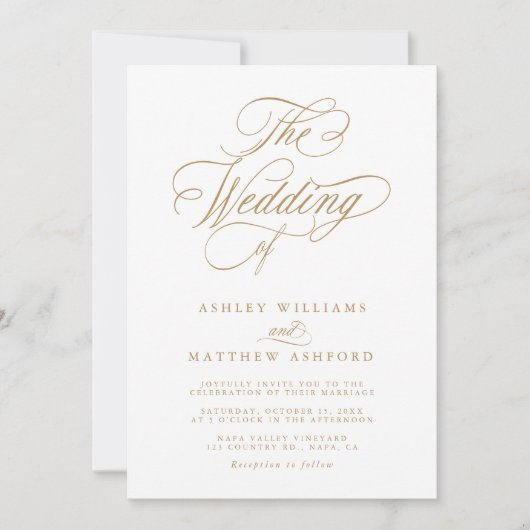 Goud Romantische Swirly Kalligrafie Bruiloft Kaart (Voorkant)