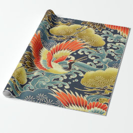 Goud Rood Blauw Japans Kimono Bloemen Decoupage Cadeaupapier