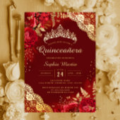 Goud Rood Bloemen Kant Quinceanera Folie Uitnodiging