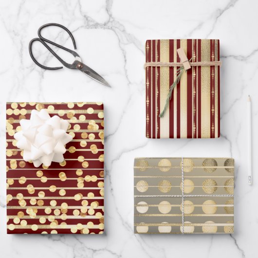 Goud rood confetti strepen elegant vormig patroon inpakpapier vel (Voorkant)