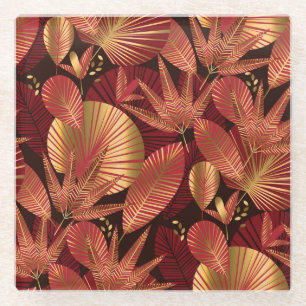 Goud Rood, Geometrisch Tropisch Patroon. Glazen Onderzetter