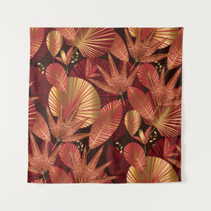 Goud Rood, Geometrisch Tropisch Patroon. Wandkleed