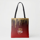 Goud Rood Glitter Drip Monogram Sparkle Cute Girly Draagtas (Voorkant)