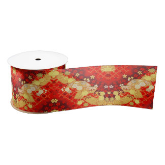  Goud Rood Japans Kimono Bloembloem Lint