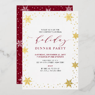 Goud & Rood Modern Kerstmis Vakantie Diner Party Folie Uitnodiging