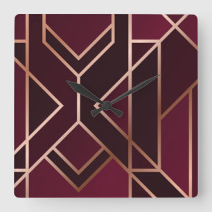 Goud, rood, modern, kunstdecopatroon, geometrisch, vierkante klok