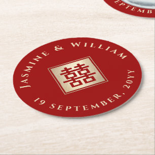 Goud/Rood Vierkant Dubbel Geluk Chinees Huwelijk Ronde Kartonnen Onderzetter