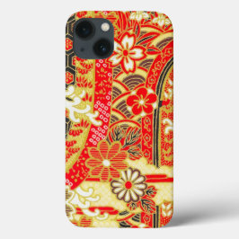 Goud Rood Wit Japans Kimono Bloemen iPhone 13 Hoesje
