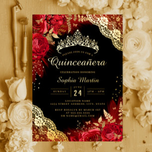 Goud Rood Zwart Bloemendessin Quinceanera Folie Uitnodiging