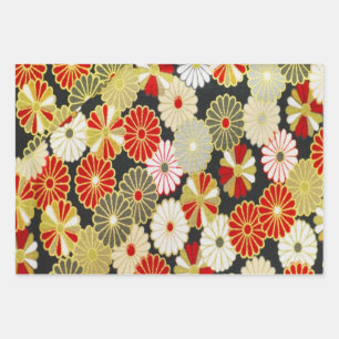 Goud Rood Zwart Japans Kimono Bloemen Decoupage Inpakpapier Vel