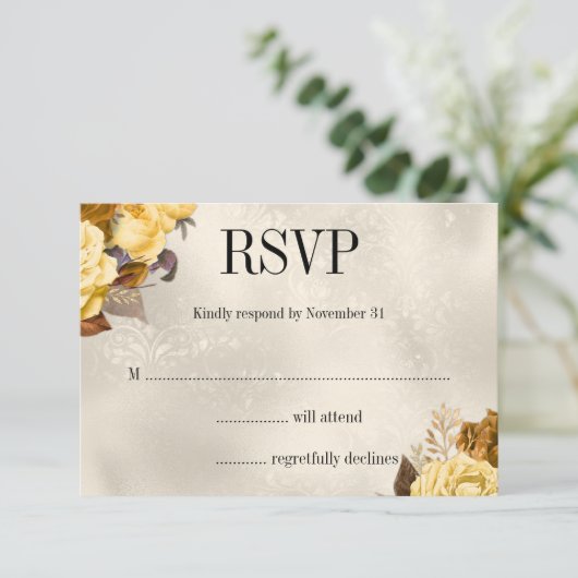 Goud Roos Damask Bruiloft RSVP (Staand voorkant)