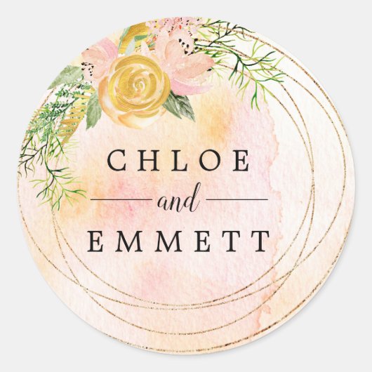 Goud Roos en Blush Roze Waterverf bruiloft gunst Ronde Sticker (Voorkant)