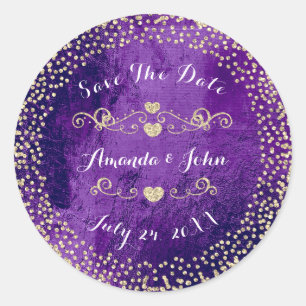 Goud Roos Glitter Bewaar de datum Paarse Plum Glas Ronde Sticker