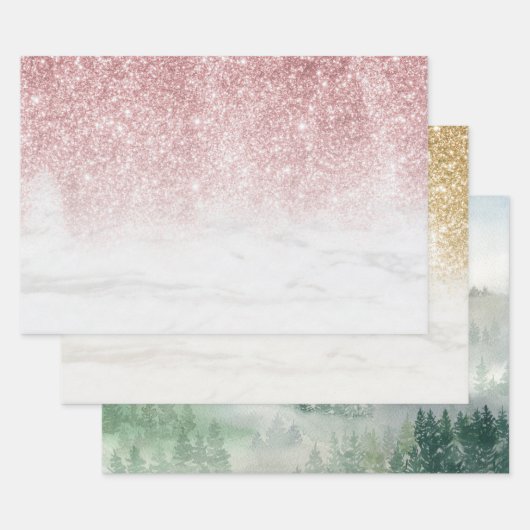 Goud | Roos Gold Glitter Marmer | Boslandschap Inpakpapier Vel (Set)