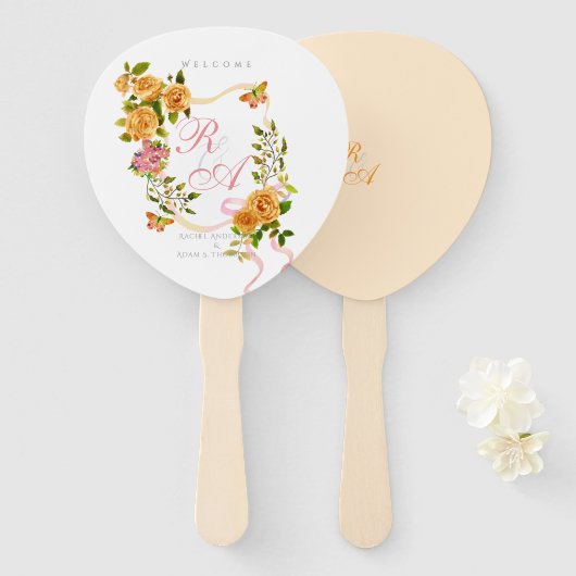 Goud Roos lint Monogram bruiloft Handwaaier (Voorkant en achterkant)