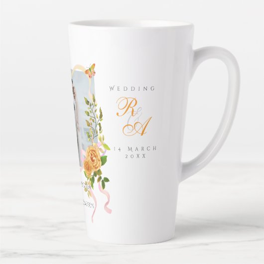 Goud Roos lint Monogram Foto bruiloft Latte Mok (Rechts)