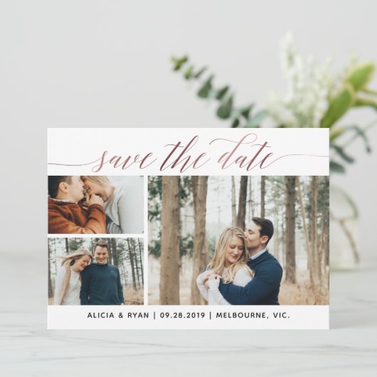 Goud roos meerdere foto's opslaan op datum save the date (Staand voorkant)
