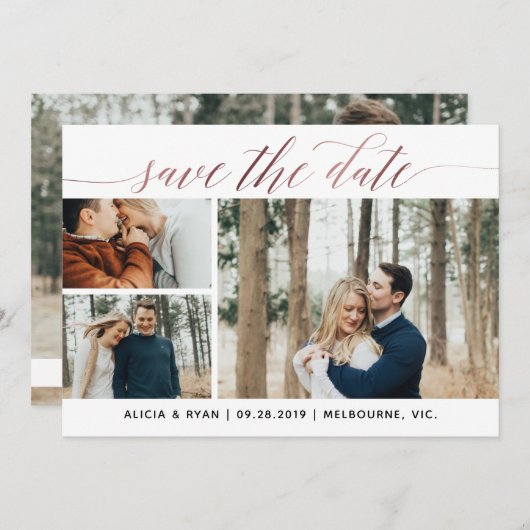 Goud roos meerdere foto's opslaan op datum save the date (Voorkant / Achterkant)