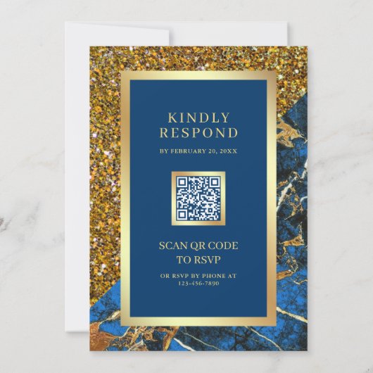 Goud Royal Blue Marble QR Code Wedding Kaart (Achterkant)